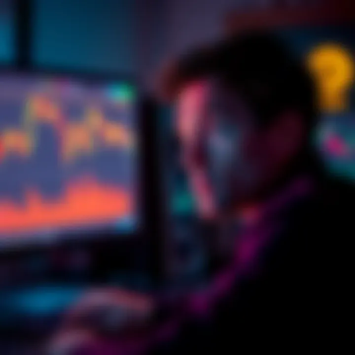 A beginner looking confused in front of a computer showing Bitcoin trading graphs and warnings about mistakes.