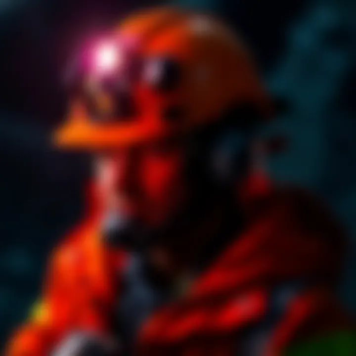 A miner wearing a Common Mining Helmet, showcasing its safety features and bright light for visibility in a dark environment.