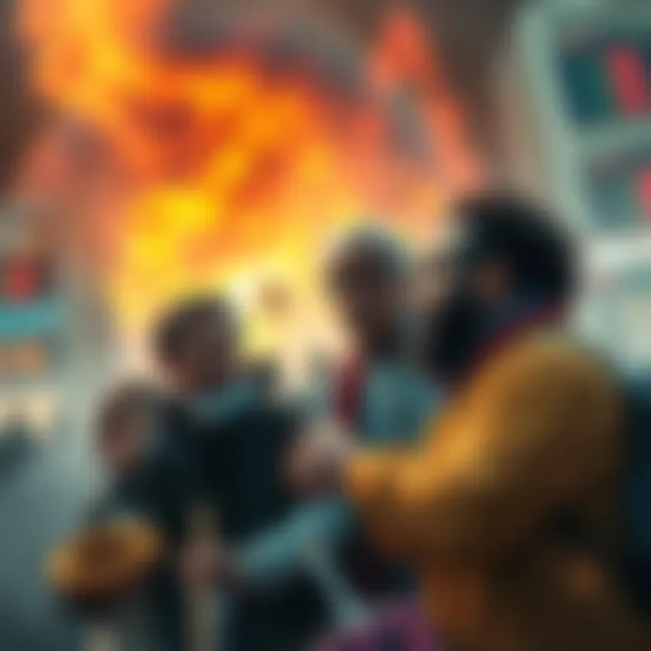 A group of determined individuals collaborating on a project amidst a turbulent market backdrop