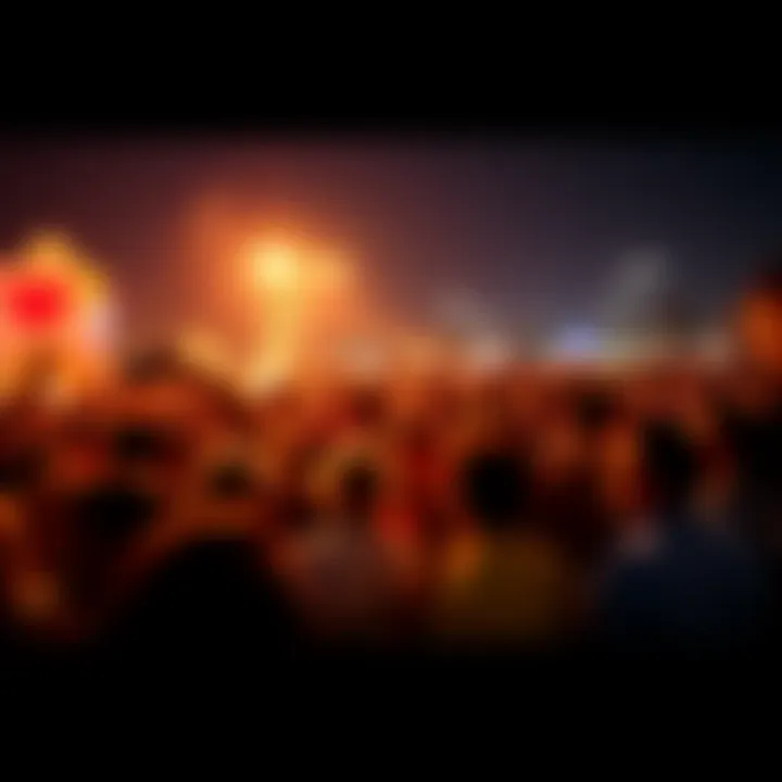 A lively crowd gathered outside, expressing excitement and curiosity for an upcoming event under a night sky.
