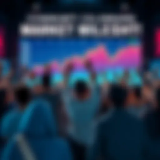 A diverse group of people cheering and celebrating together in front of a large screen displaying rising stock market graphs.