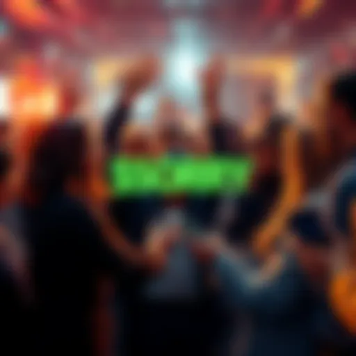 Group of people discussing the $SORRY token with excitement and smartphones in hand