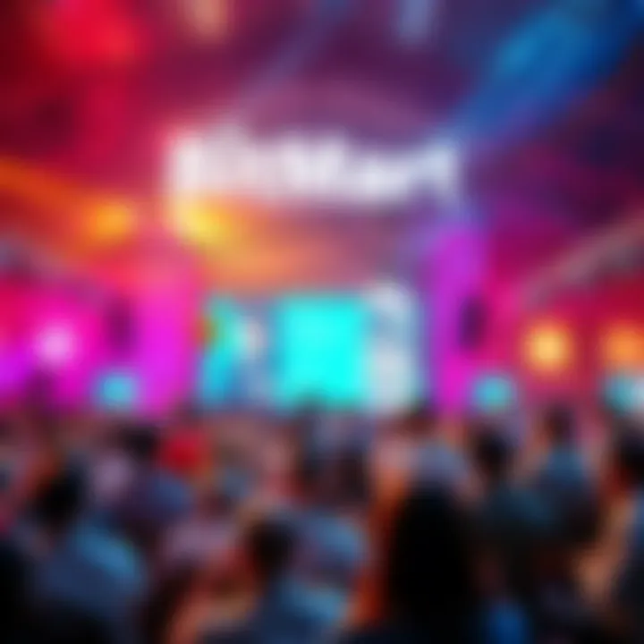 A vibrant gathering of people celebrating BitMart's 8th anniversary with decorations and a large screen displaying the event highlights