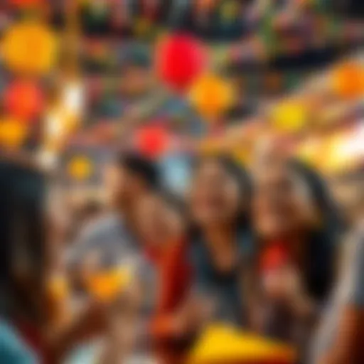 People enjoying a joyful community celebration with colorful decorations and smiles.