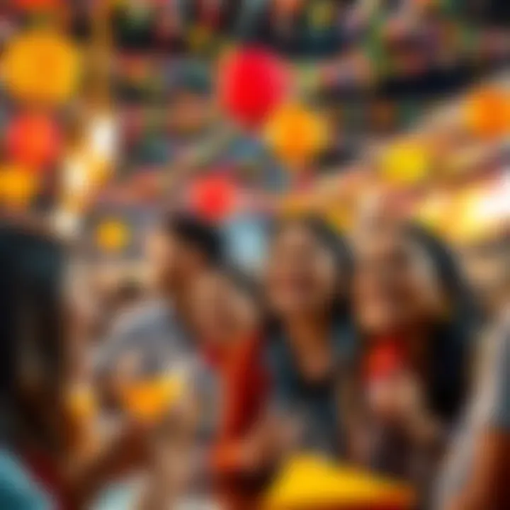 People enjoying a joyful community celebration with colorful decorations and smiles.