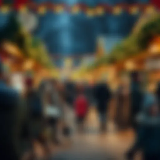 A festive scene showing people of all ages enjoying a Christmas market with lights, decorations, and holiday treats.