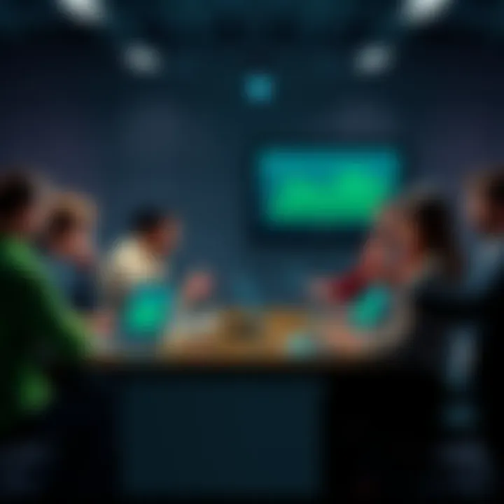 A group of people debating around a table with laptops, showing charts and graphs related to Bitcoin Cash, expressing differing opinions.