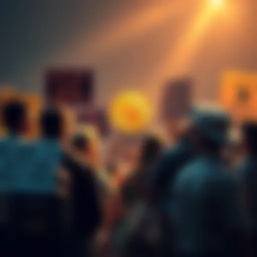 A group of people engaged in a discussion about Bitcoin, with some holding signs expressing different views on its future, reflecting the ongoing Block Size debate.