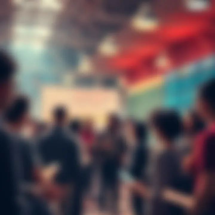 A diverse group of people discussing cryptocurrency adoption in a public space, surrounded by charts and digital devices.