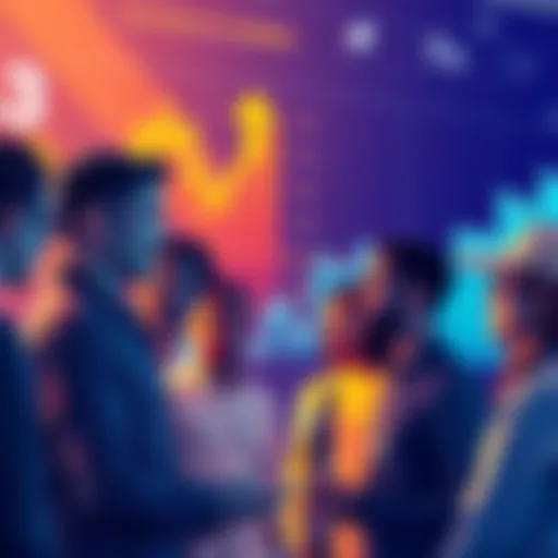 A group of diverse people discussing in front of charts showing rising trends for $POWSCHE and other long-term tokens this summer.