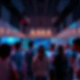 A diverse group of people discussing and interacting around digital screens displaying prediction market data