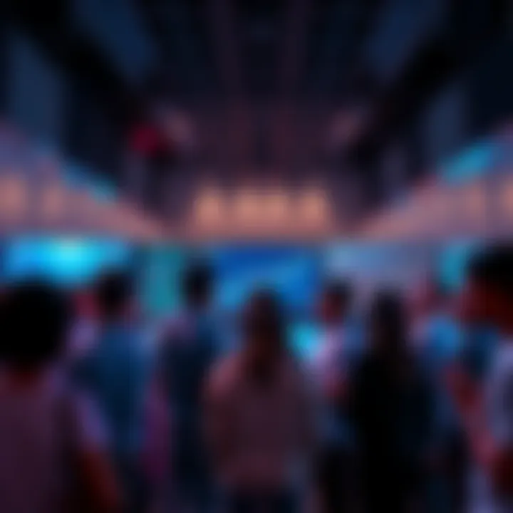 A diverse group of people discussing and interacting around digital screens displaying prediction market data