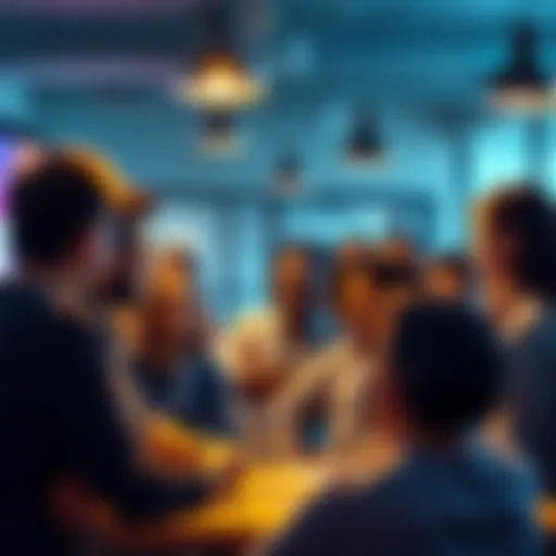 A group of diverse people discussing and sharing ideas in a lively community setting.