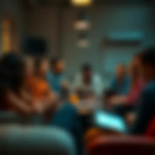 A diverse group of people discussing DeFi investing in a cozy setting with laptops and notebooks.