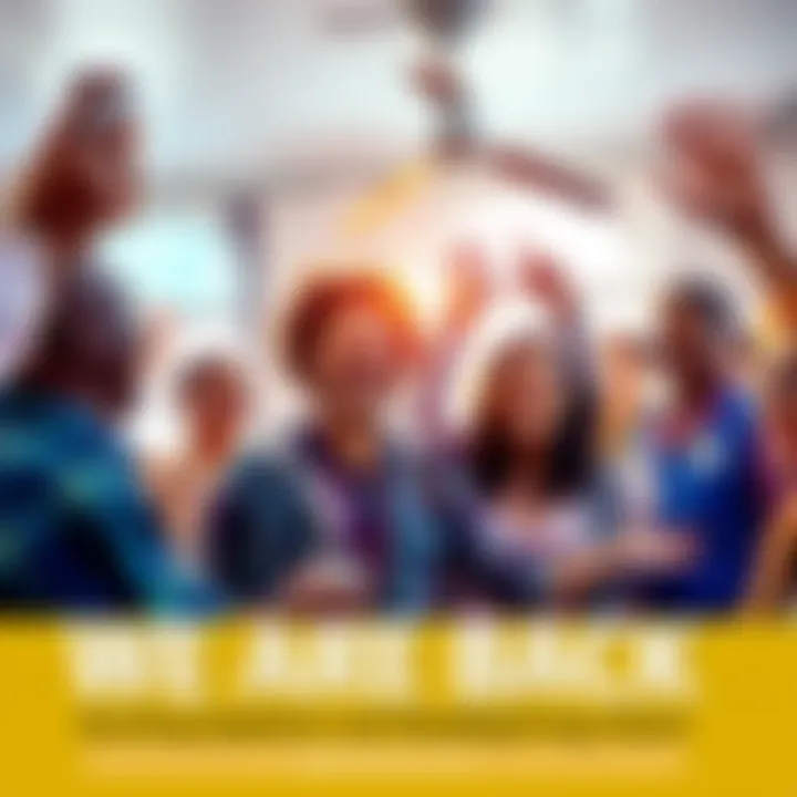 A group of people coming together with excitement and joy, sharing news and updates in a bright and welcoming environment.