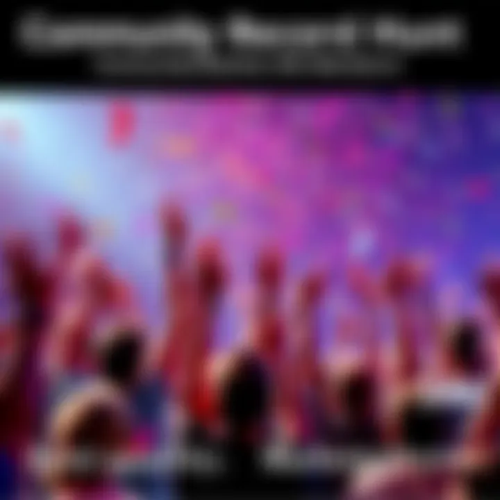 A vibrant celebration graphic showing excited people participating in the Community Record Hunt, with confetti and symbols of prizes like $SWEAT and Premium access.