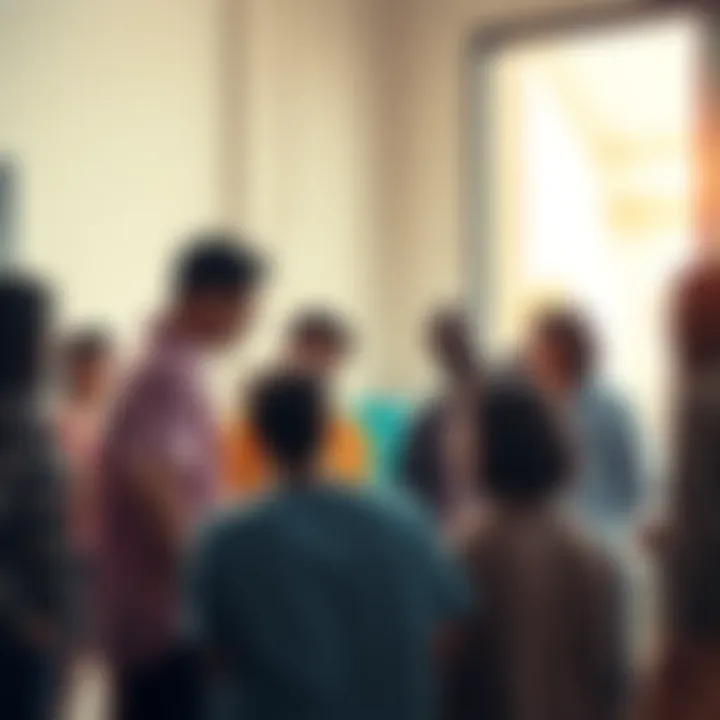 A group of community members gather, discussing urgent needs and ways to help each other.