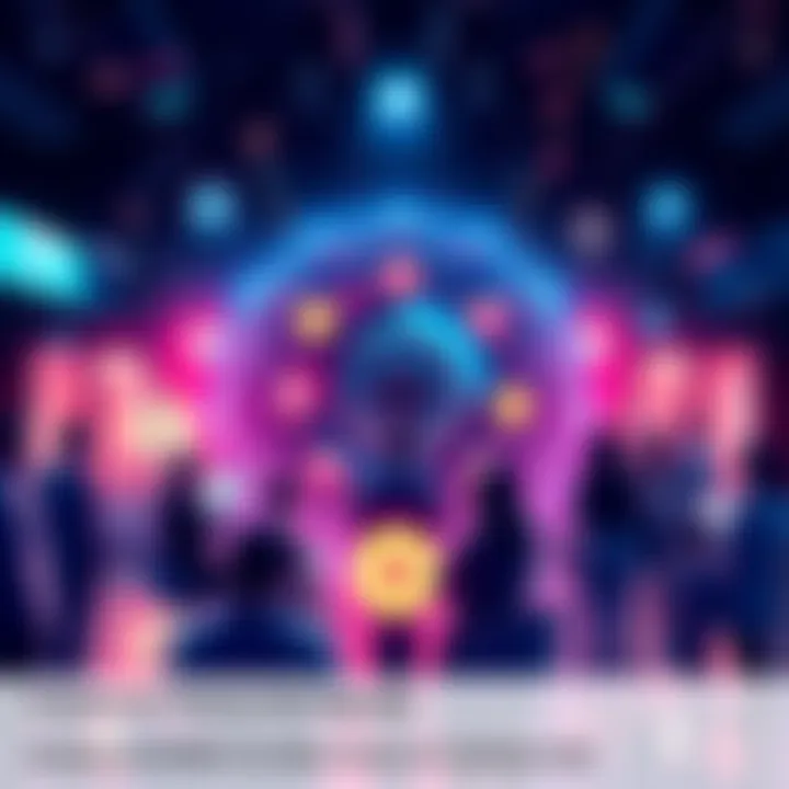 A graphic representation of the Cosmos Hub upgrade with community members discussing ideas and plans, showcasing interchain security and sustainability concepts.