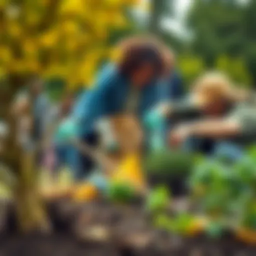 A group of diverse people working together in a park to clean up litter and plant trees, symbolizing community engagement and positive change.