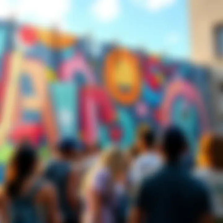A colorful mural being painted with people gathering around, excited to contribute to the project.