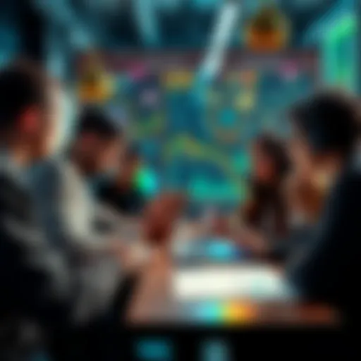 A group of people discussing ideas for the future of the Pi blockchain, with notes and laptops in front of them.