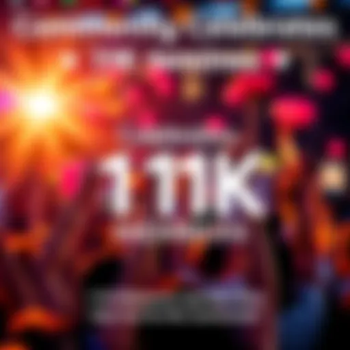 A vibrant celebration with members gathering, holding signs and balloons to mark the 111K milestone.