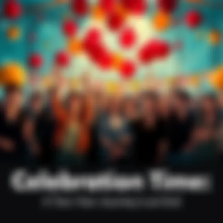 People gathered with balloons and banners celebrating a major achievement together