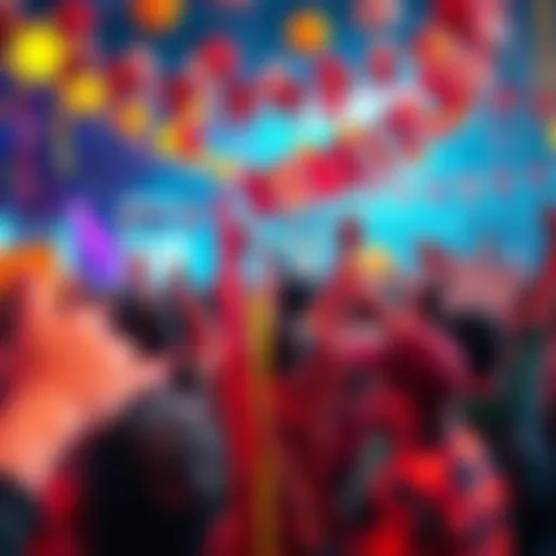 A joyful crowd celebrating a vibrant event with banners and colorful decorations.