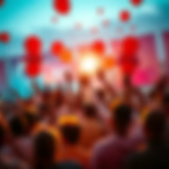People celebrating a major victory with balloons and banners at a community event.