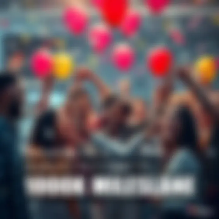 Community Celebration Group of diverse people celebrating a milestone with balloons and confetti