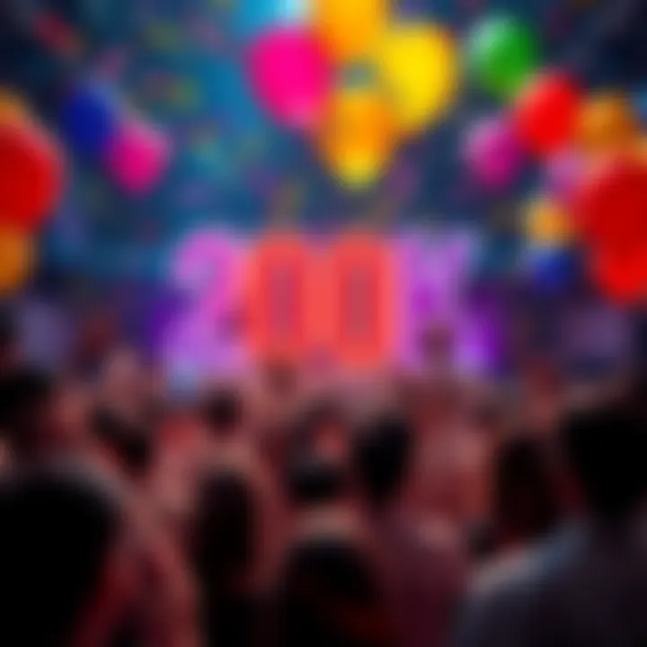 A vibrant gathering of community members celebrating the milestone of 200k members with balloons and confetti.