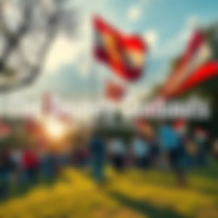 People celebrating the second migration event with flags and banners in a park setting