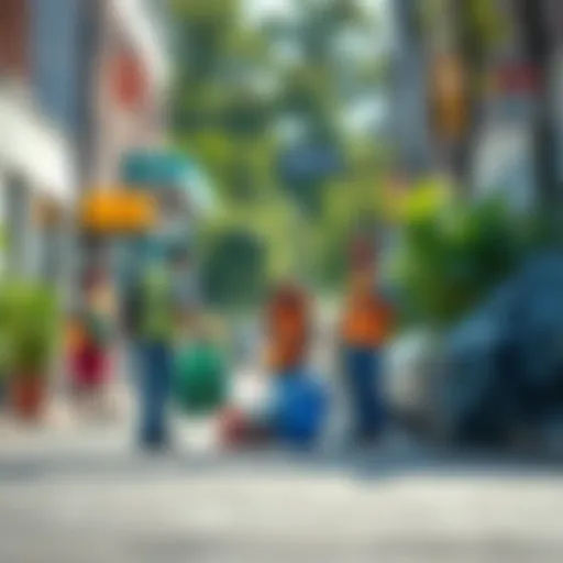 Group of people collecting trash on a clean street with green plants nearby