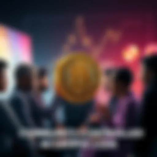 A group of diverse people discussing cryptocurrency with charts and a digital coin in the center.