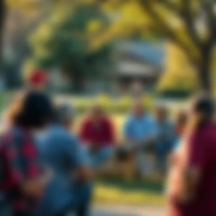A group of concerned residents discussing local issues in a community park, expressing their worries and seeking solutions.