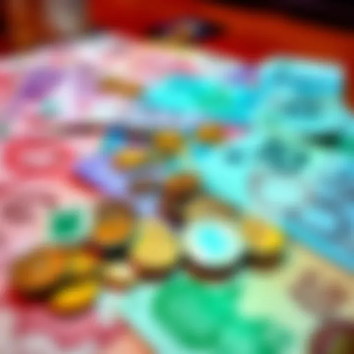 A variety of colorful community currency notes and coins laid out on a table, representing local economies