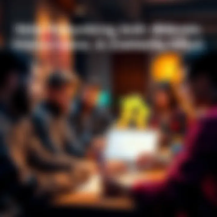 Community members discussing Bitcoin A group of people engaged in conversation about Bitcoin, with laptops and charts in front of them.