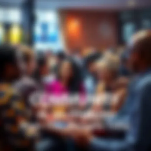 A group of diverse people engaged in a conversation, sharing ideas and opinions in a lively setting.