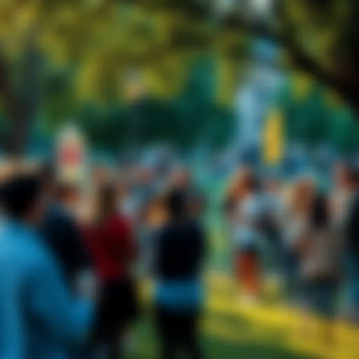 A diverse group of people gathered in a park, engaging in conversation and sharing ideas.