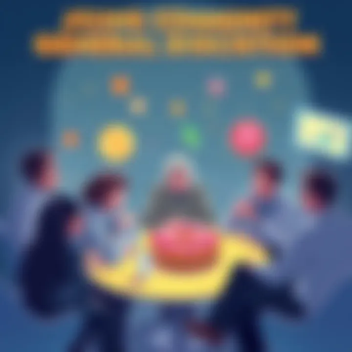An illustration representing a vibrant community discussion, featuring symbols of cryptocurrency and donuts, with an emphasis on Ethereum themes.