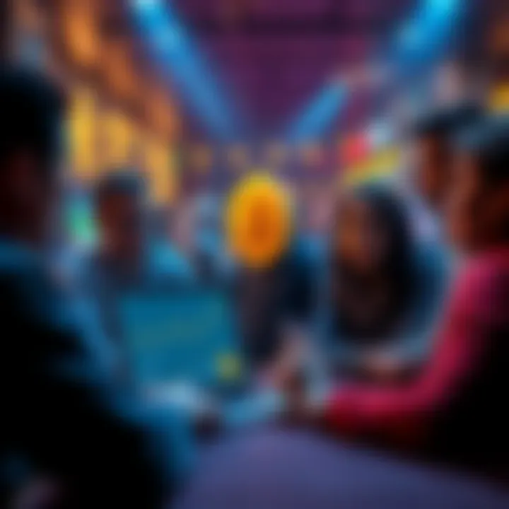 A group of people engaged in a discussion about Bitcoin's value and future predictions, with a laptop open showing charts and data.