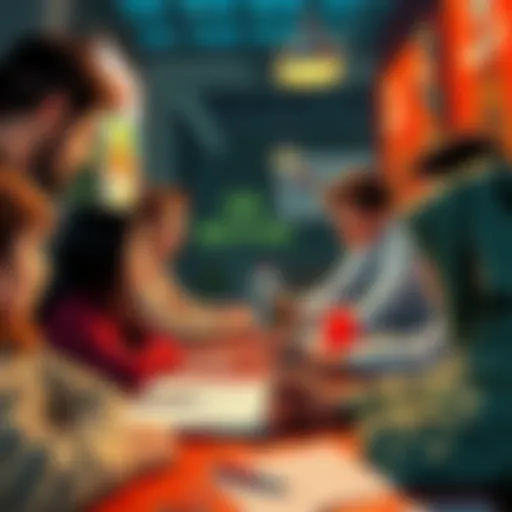 People gathered around a table discussing the recent removal of a popular game, showing mixed emotions and notes on a notepad.