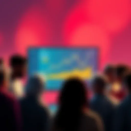 A group of diverse people gathering around a digital screen showing a cryptocurrency chart, symbolizing collaboration and transparency in a new crypto coin project.