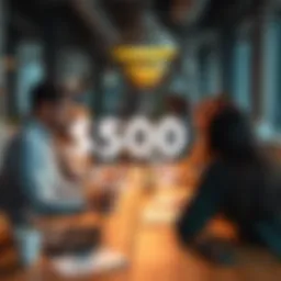 A group of diverse people engaged in a discussion about community funding opportunities, sharing ideas and collaborating, with papers and laptops on a table