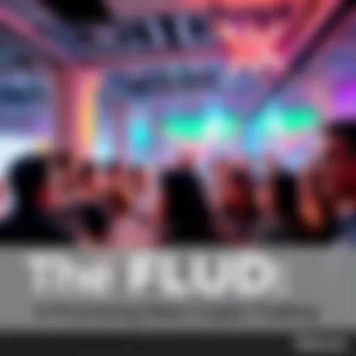 A group of enthusiastic people discussing crypto trading strategies at a community event, showcasing excitement for The FLUD project.