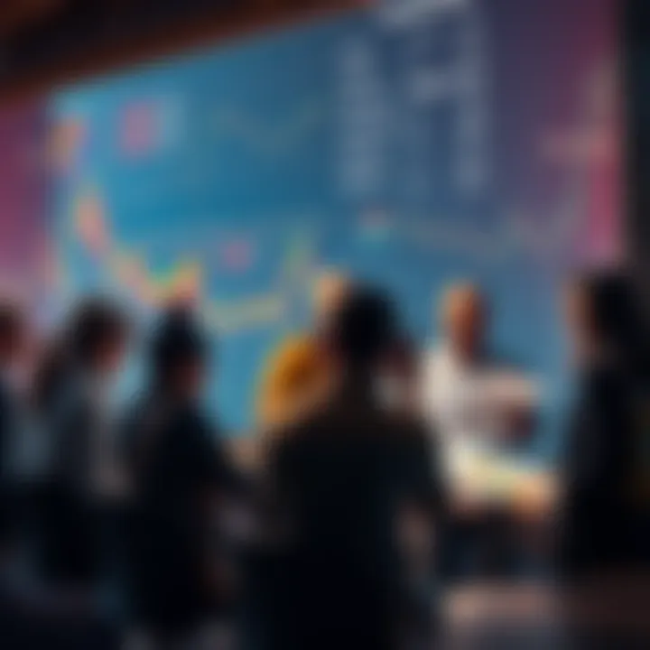 Community Gathering for Mining Data A group of community members discussing mining data and transparency, surrounded by charts and papers.