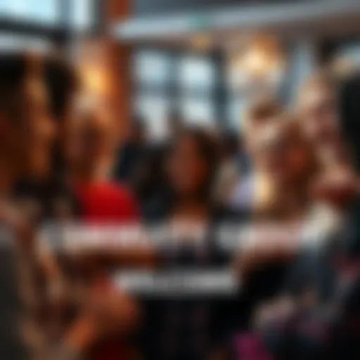 A diverse group of people gathered together, smiling and engaging in conversation, symbolizing a welcoming community atmosphere.