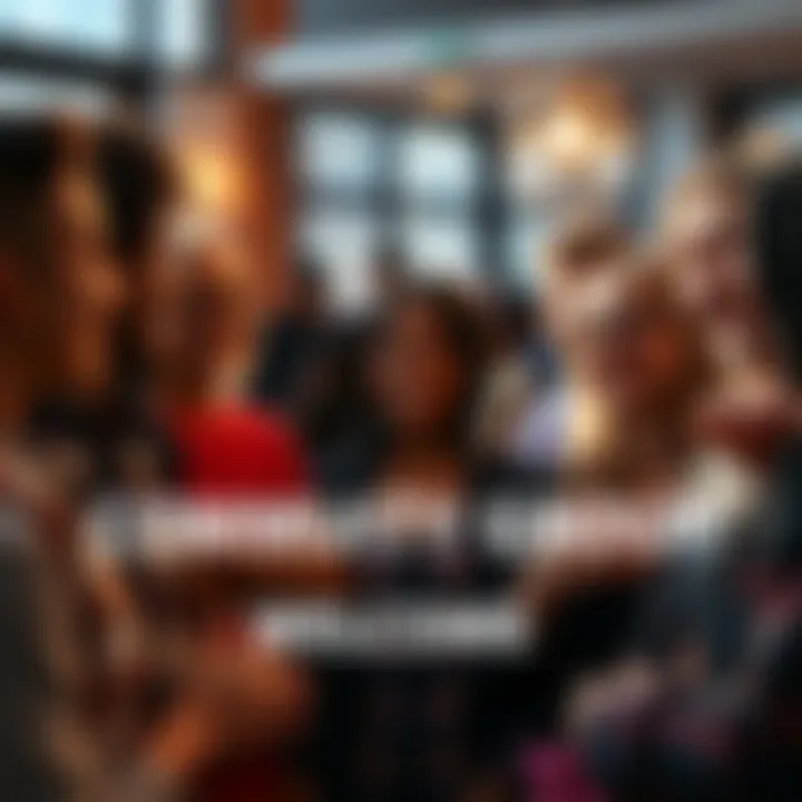 A diverse group of people gathered together, smiling and engaging in conversation, symbolizing a welcoming community atmosphere.