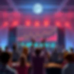 People gathered around a large display showing rising market trends and growth charts, celebrating financial success.