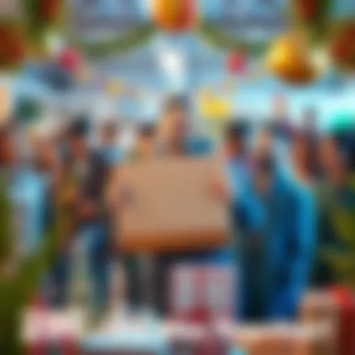 A cheerful community member holding a large box, surrounded by friends and festive decorations, celebrating reaching a milestone. People are smiling and sharing their parcel counts.